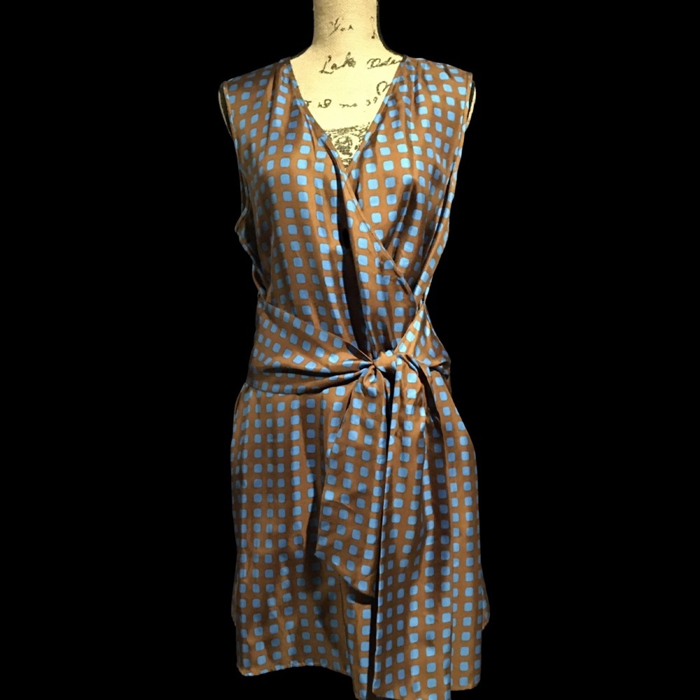 DVF 100% Silk Surplus Mini Dress/Tunic, Brown/Blue, Women’s Size LARGE